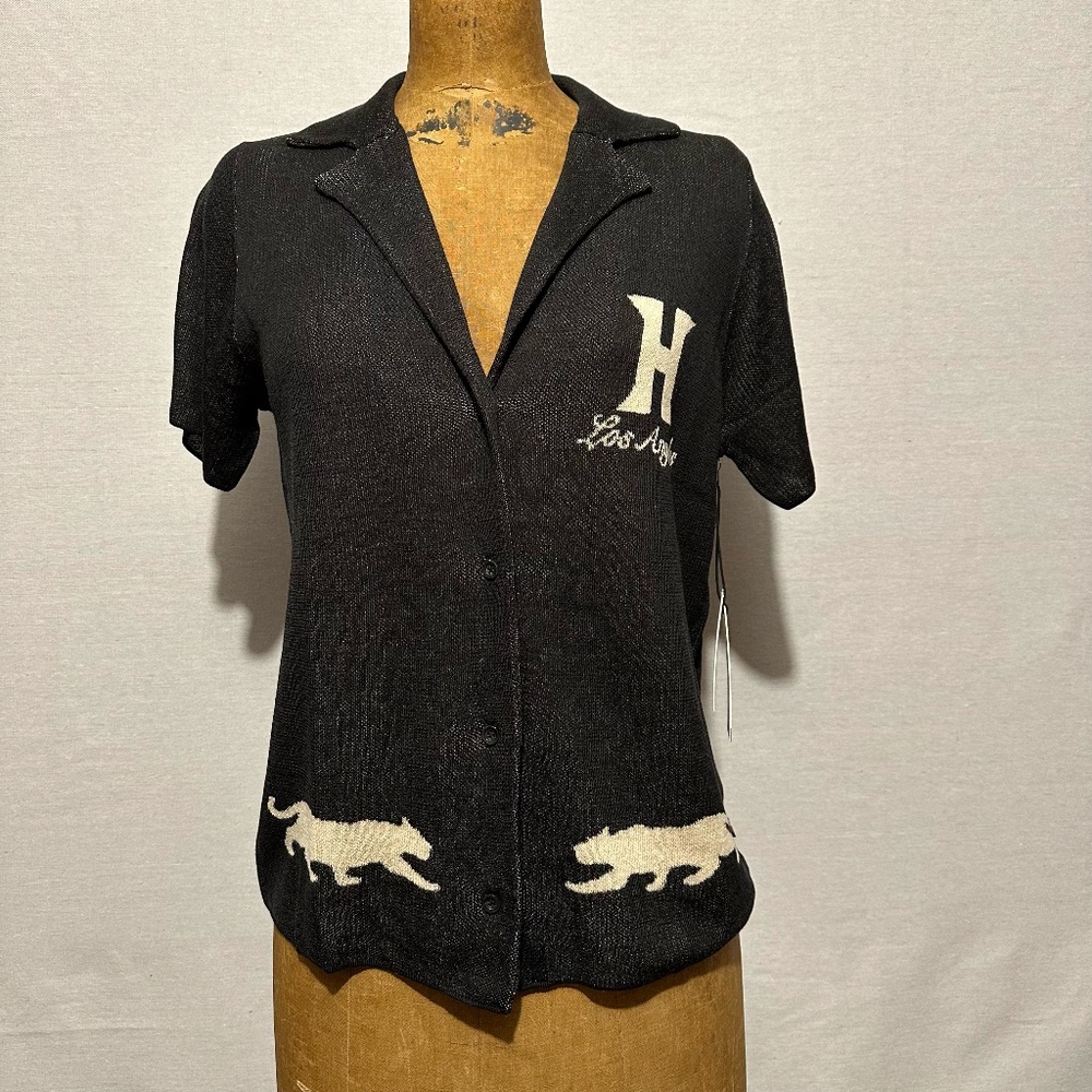 Black Button-Up Women's Top with White Accents